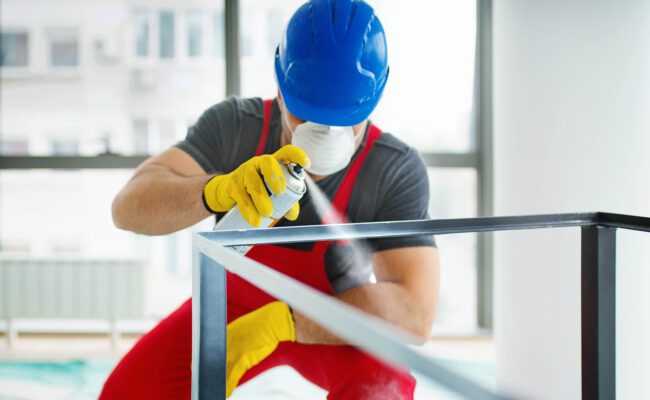 Closeup front view of a carpenter spray painting a metal table frame with white paint before assembling.